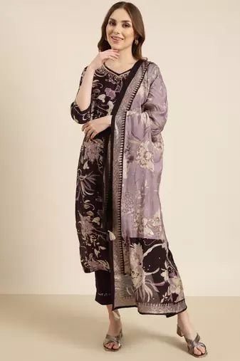 women's v-neck floral foil print purple straight kurta and trouser with dupatta