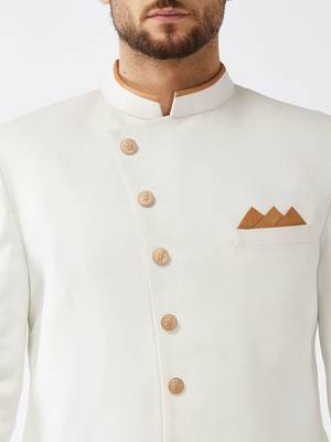 Men'S White Polyester Lurex Blend Sherwani Only Top 4
