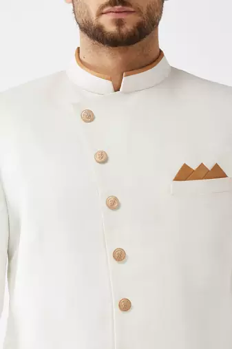 Men'S White Polyester Lurex Blend Sherwani Only Top
