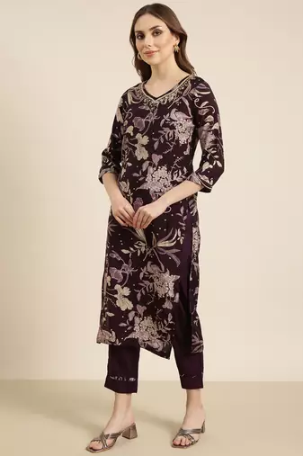 women's v-neck floral foil print purple straight kurta and trouser with dupatta