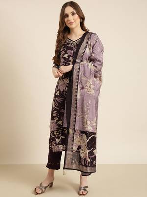 women's v-neck floral foil print purple straight kurta and trouser with dupatta 4