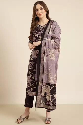 women's v-neck floral foil print purple straight kurta and trouser with dupatta