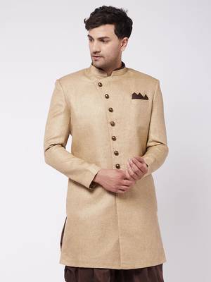 Men'S Beige Polyester Lurex Blend Sherwani Only Top 1