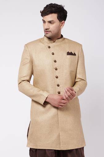 Men'S Beige Polyester Lurex Blend Sherwani Only Top
