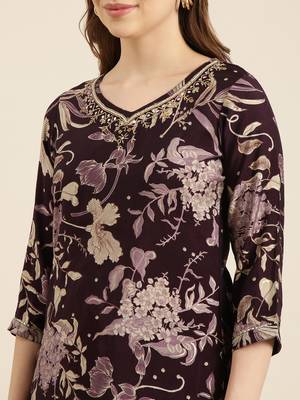 women's v-neck floral foil print purple straight kurta and trouser with dupatta 5
