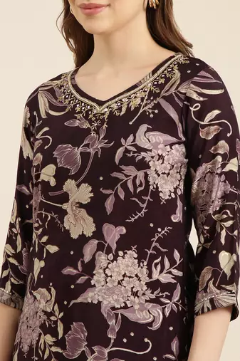 women's v-neck floral foil print purple straight kurta and trouser with dupatta
