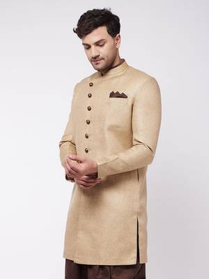 Men'S Beige Polyester Lurex Blend Sherwani Only Top 2