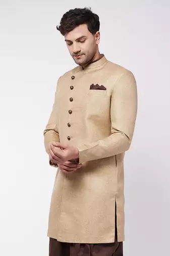 Men'S Beige Polyester Lurex Blend Sherwani Only Top