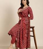 women's v-neck ethnic motifs foil print maroon straight kurta and trouser with dupatta