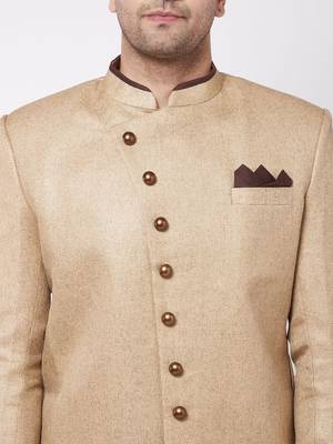 Men'S Beige Polyester Lurex Blend Sherwani Only Top 4