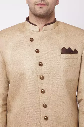 Men'S Beige Polyester Lurex Blend Sherwani Only Top