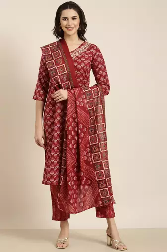 women's v-neck ethnic motifs foil print maroon straight kurta and trouser with dupatta