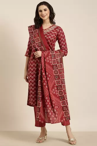 women's v-neck ethnic motifs foil print maroon straight kurta and trouser with dupatta