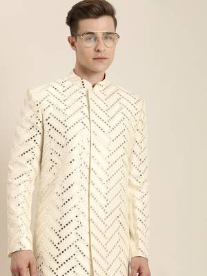 Men'S Cream Silk Blend Sherwani Only Top 1