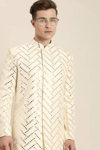 Men'S Cream Silk Blend Sherwani Only Top