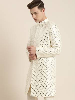 Men'S Cream Silk Blend Sherwani Only Top 2