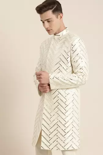 Men'S Cream Silk Blend Sherwani Only Top