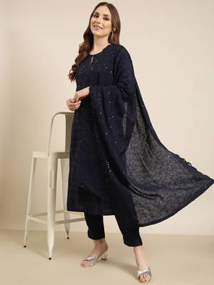 women's round neck solid navy blue straight kurta and trouser with dupatta 1