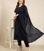 women's round neck solid navy blue straight kurta and trouser with dupatta
