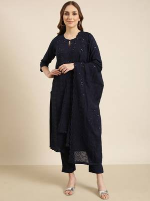 women's round neck solid navy blue straight kurta and trouser with dupatta 2