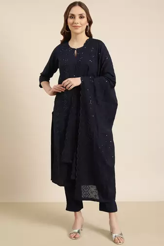 women's round neck solid navy blue straight kurta and trouser with dupatta