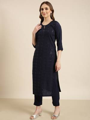 women's round neck solid navy blue straight kurta and trouser with dupatta 3