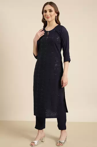 women's round neck solid navy blue straight kurta and trouser with dupatta