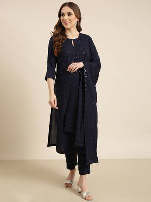 women's round neck solid navy blue straight kurta and trouser with dupatta 4