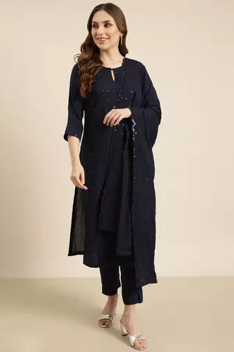 women's round neck solid navy blue straight kurta and trouser with dupatta