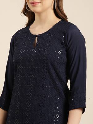 women's round neck solid navy blue straight kurta and trouser with dupatta 5