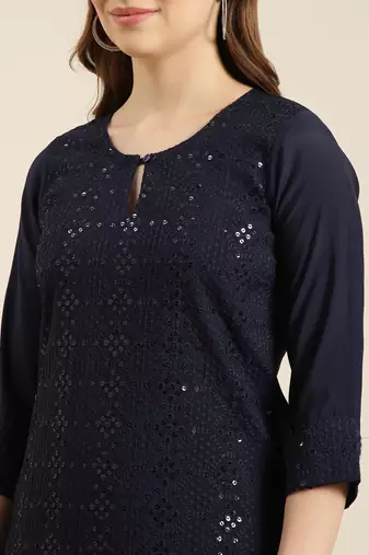 women's round neck solid navy blue straight kurta and trouser with dupatta