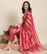 Showoff women's v-neck floral foil print pink straight kurta and trouser with dupatta