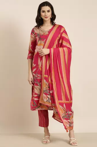 Showoff women's v-neck floral foil print pink straight kurta and trouser with dupatta