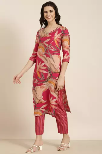 Showoff women's v-neck floral foil print pink straight kurta and trouser with dupatta