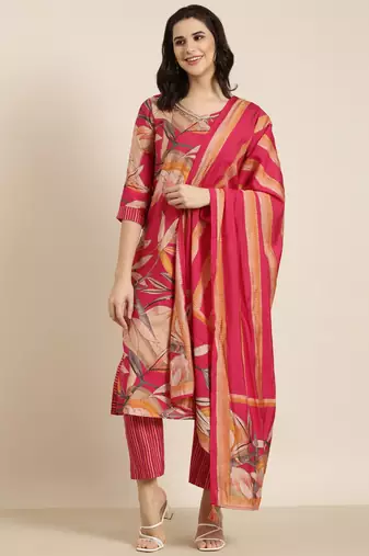 Showoff women's v-neck floral foil print pink straight kurta and trouser with dupatta