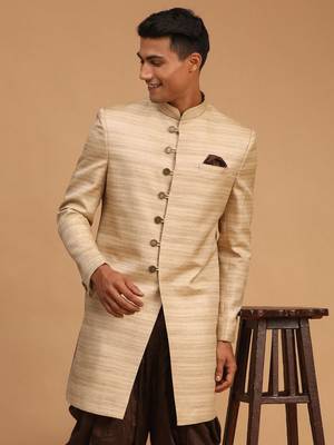 Men'S Beige Silk Blend Sherwani Only Top 1