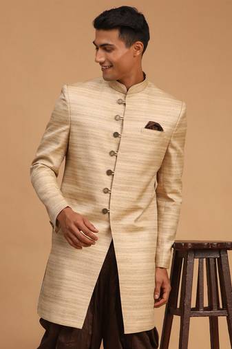 Men'S Beige Silk Blend Sherwani Only Top