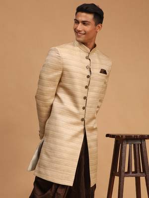 Men'S Beige Silk Blend Sherwani Only Top 2