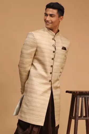 Men'S Beige Silk Blend Sherwani Only Top