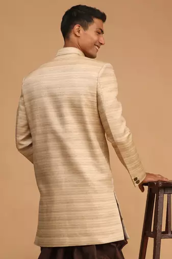 Men'S Beige Silk Blend Sherwani Only Top