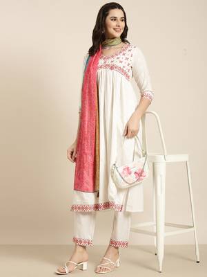 women's v-neck solid off white a-line kurta and trouser with dupatta 1