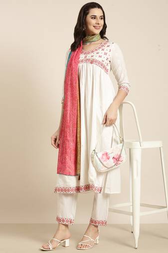women's v-neck solid off white a-line kurta and trouser with dupatta