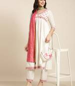 women's v-neck solid off white a-line kurta and trouser with dupatta