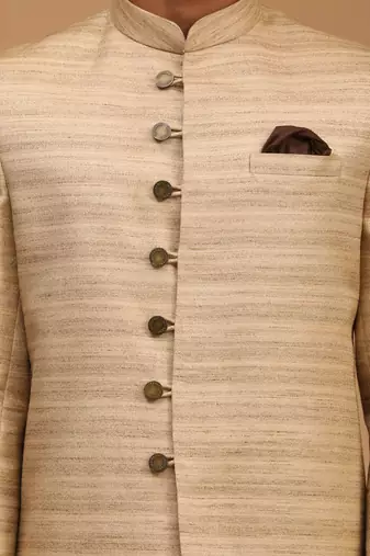 Men'S Beige Silk Blend Sherwani Only Top