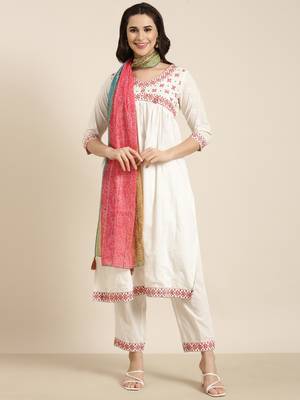 women's v-neck solid off white a-line kurta and trouser with dupatta 2