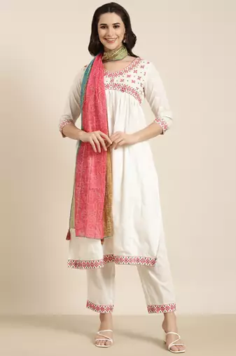 women's v-neck solid off white a-line kurta and trouser with dupatta