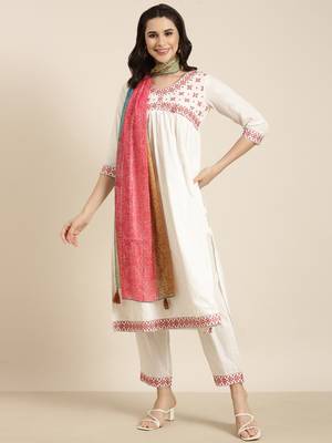 women's v-neck solid off white a-line kurta and trouser with dupatta 4