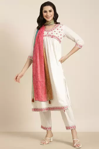 women's v-neck solid off white a-line kurta and trouser with dupatta