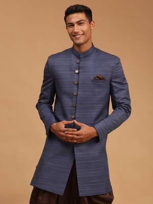 Men'S Navy Blue Silk Blend Sherwani Only Top 1