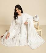 women's round neck floral white anarkali kurta and sharara with dupatta